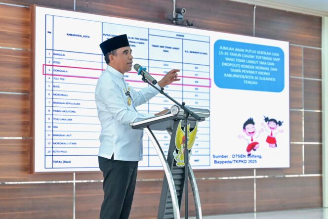 
					Gubernur Sulteng, Anwar Hafid menyerahkan bantuan secara simbolis kepada Bupati Kabupaten Donggala, di Kantor Bupati Donggala. (Foto: Istimewa)