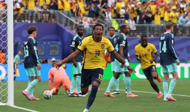 
					Gonzalo Plata Merayakan gol dalam pertandingan Grup E Ekuador vs Jerman di Piala Dunia 2026 di Stadion New York New Jersey di New Jersey, Amerika Serikat. (Foto: Istimewa)
