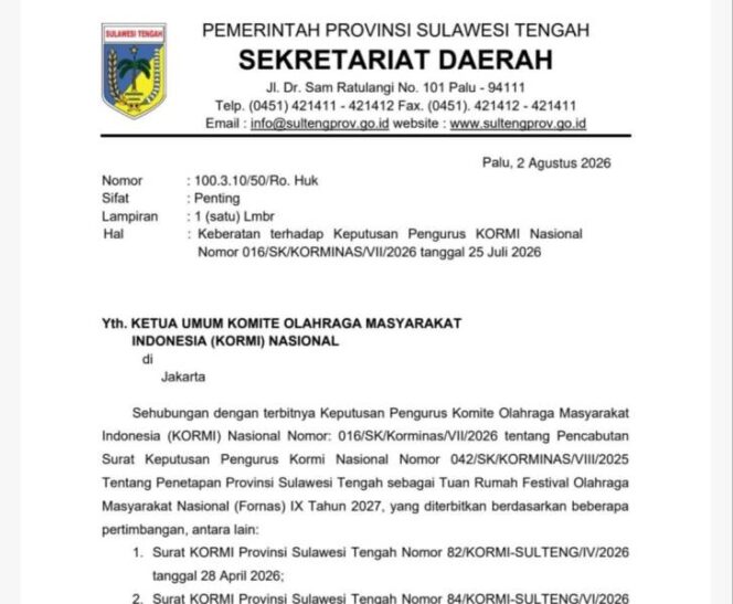 
					Surat Keberatan Pemprov Sulteng. (Foto: Istimewa)