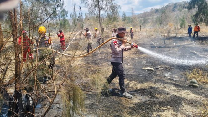 
					Personil brimob Polda Sulteng Membantu Memadamkan Api. (Foto: Istimewa)